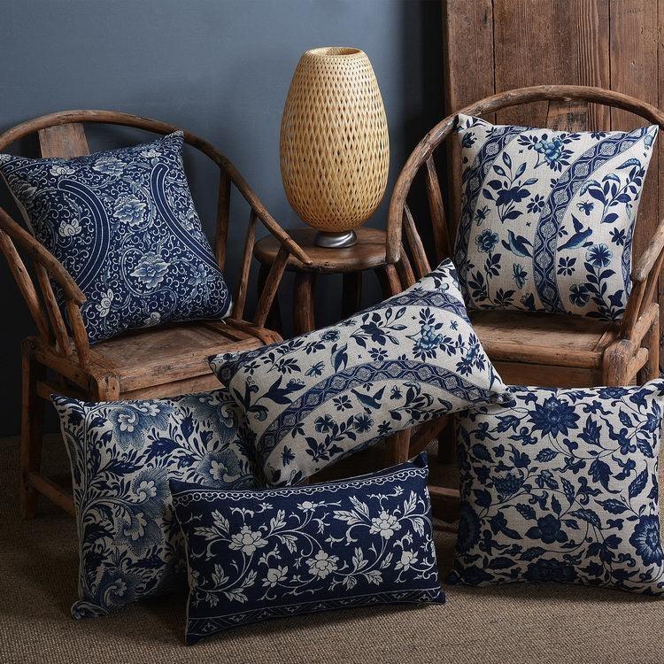 Luxury Decorative Throw Square Linen Pillowcase Blue And White Flower Bedroom Room Sofa Porcelain Printed Cushion Cover Decorative Sofa Throw Pillow Car Chair Home Decor Pillow Case Soft Design