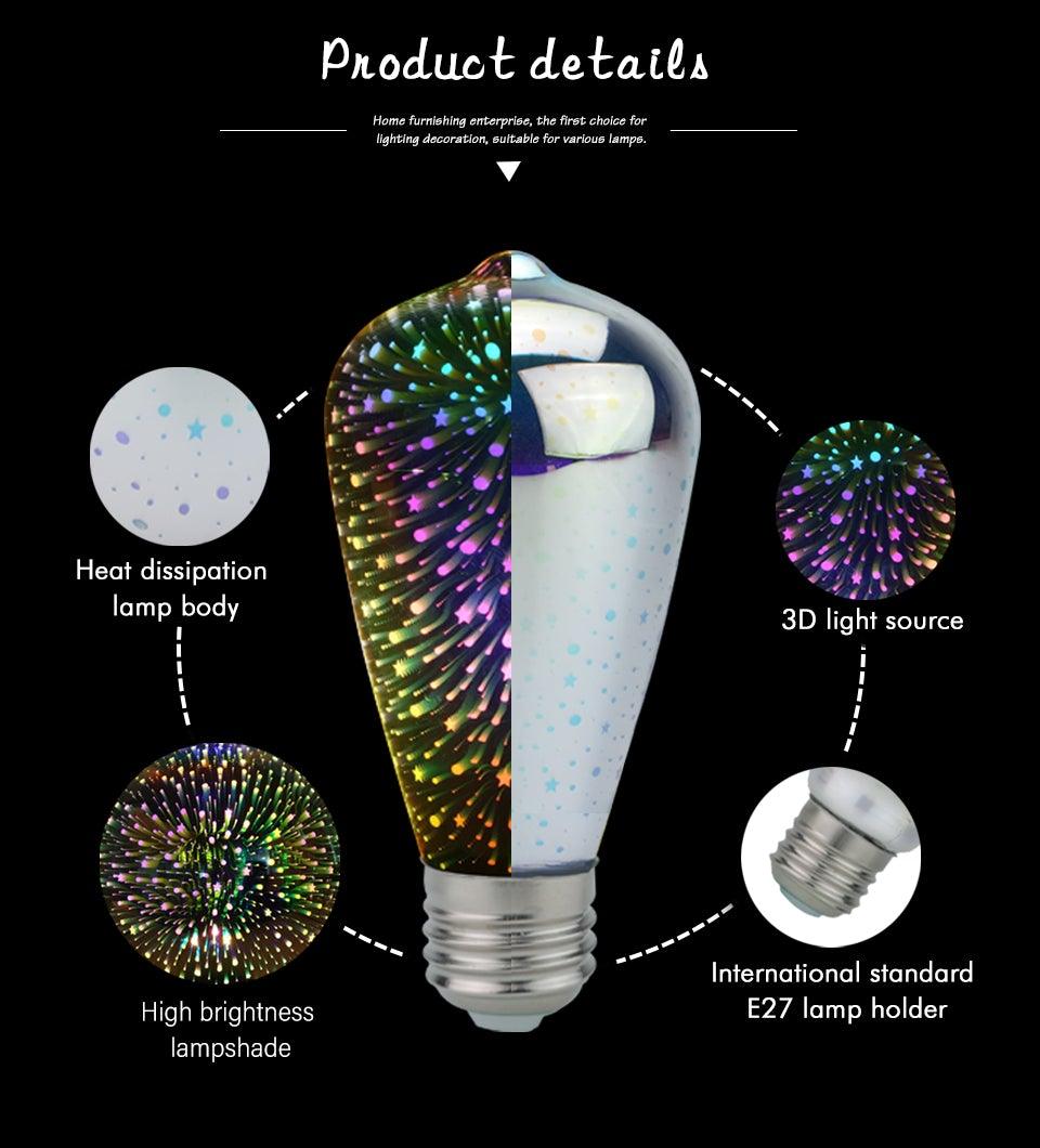 4pcs/lot 3D Firework Led Light Effect Vintage Edison Led Bulb Holiday Decoration Lighting Glass Vintage Edison Bulb Decoration Use For Holiday Party Disco Christmas Bedroom Lighting lamp