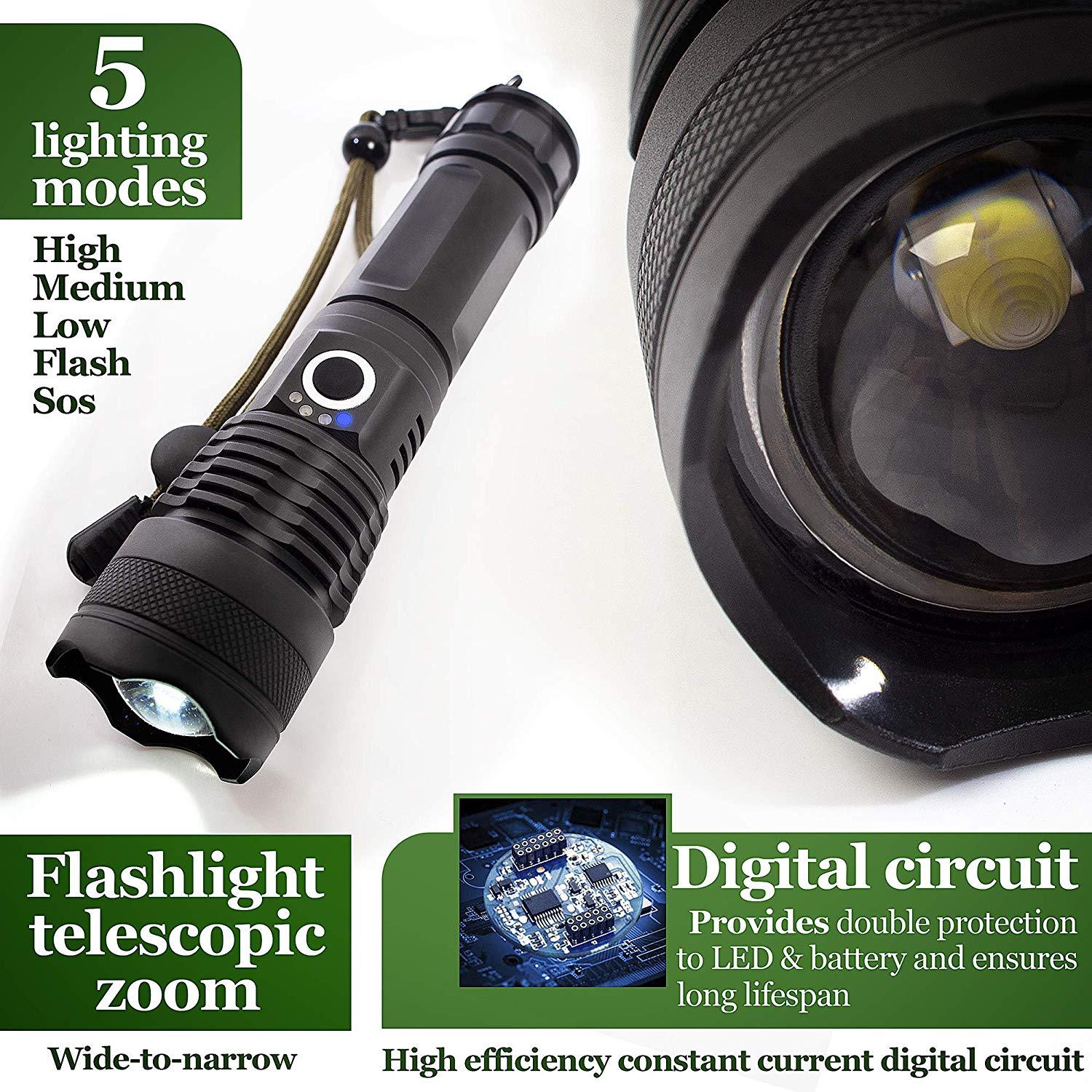 Rechargeable LED Flashlights Waterproof Hnadheld Super Bright High Lumens  Zoomable Powerful Lamp Bead Flashlight Torch For Outdoor & Indoor Camping Running Fishing Hiking Lamp