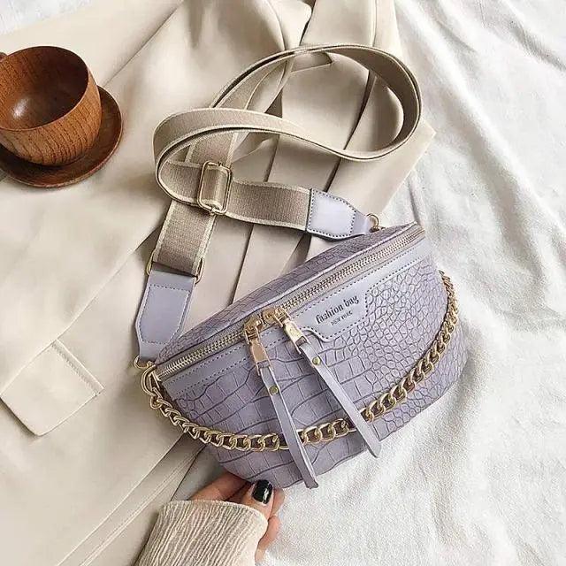 Retro Waist Bag PU Leather Fanny Pack Purse Leather with Gold Chain Strap Stylish Waist Pack Women Belt Bag Multifunctional Chest Bag