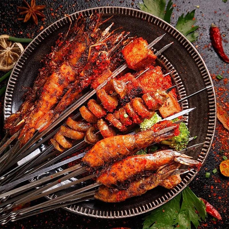 Stainless Steel Barbeque Skewer Storage Tube Reusable Grill Sticks Flat BBQ Fork BBQ Utensil Kitchen Outdoor Camping Accessories Kebab Skewers with Portable Metal Storage Tube Reusable for Grilling Barbecue Kitchen Party and Outdoor Cooking