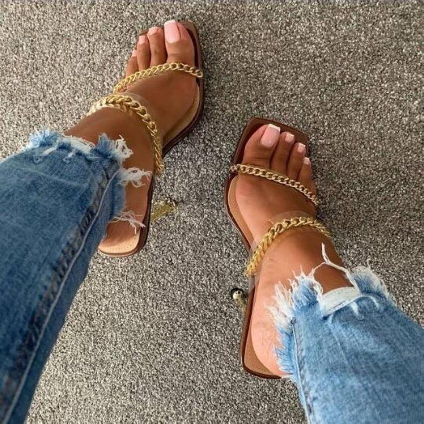 Summer Women Sandals Square Toe Ladies Heel Clear Transparent High Heels Slippers Fashion Chain Woman Open Toe Slip On Dress Luxury Party Backless Slides High Heels Slipper