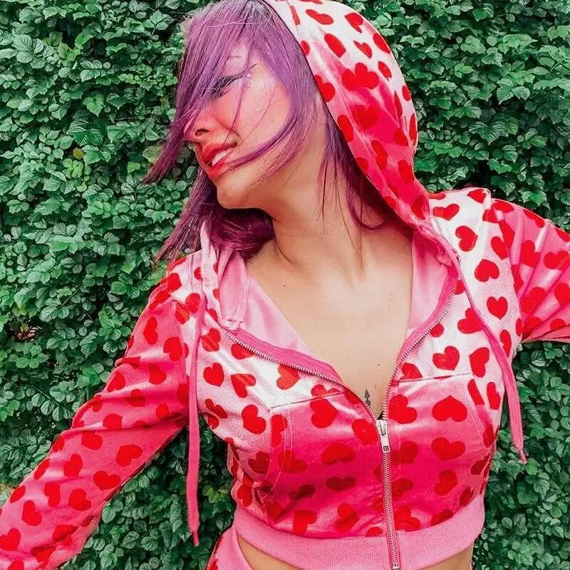 Unique Design Velvet Heart Print Cropped Top Bomber Jacket For Women Autumn Cute Pink Long Sleeve Coats Zipper Winter Overcoat
