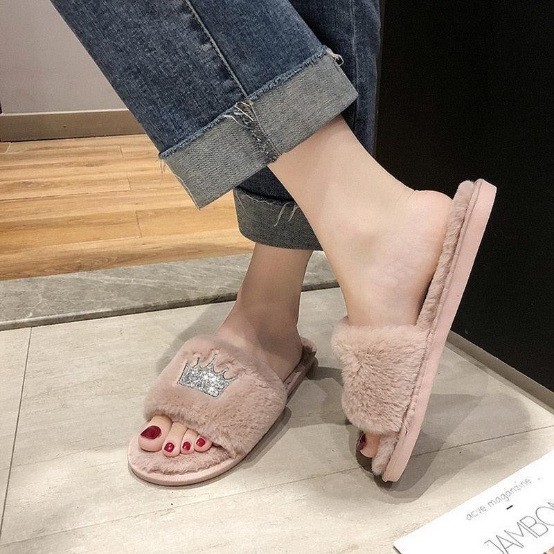 Warm Fluffy Slippers Women Faux Fur Slipper Indoor Floor Slides Flat Soft Furry House Warm Comfortable Fuzzy Furry Bedroom Slippers Indoor Cozy Memory Foam Anti-Slip Flip Flops